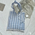 Sweet blue and white plaid tote bag with white lace bow and ruffle detail - Dark Blue