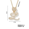 Gold letter L necklace with cubic zirconia heart connector and dimensions display - Cursive Letter L Style (N00203J-X--L)