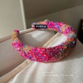 Colorful tweed woven headband featuring a mix of pink, yellow, and blue multi-color fibers - Charming Red / Red and Blue Weave