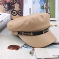 Khaki PU leather newsboy cap featuring black band and golden metal chain detail - Flat Top with Chain / Khaki
