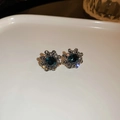 Vintage silver flower stud earrings featuring deep blue center stone and tiny diamonds - Deep Drill Flower Studs (2#)