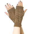 Close-up of cable knit fingerless gloves in brown acrylic with thumb hole detail - One Size / Khaki