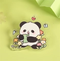 Cute panda acrylic brooch featuring an illustration of a panda eating bamboo - Flowers Panda