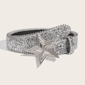 Fashionable silver sequin belt for women with large metallic five-point star buckle - Star Snap / Silver