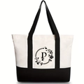 Canvas tote bag with black and white contrast and letter P floral print design - Willow Floral Letter P / 46*12*31CM