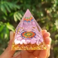 Pink crystal ball pyramid resin ornament with gold foil and mandala, held in hand - 6cm / A20-Pink Crystal Colored Mandala