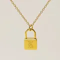 Gold plated padlock necklace featuring a gothic letter L engraving on a fine link chain - Letter L Style