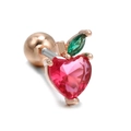Pink heart-shaped fruit stud earring in rose gold with green leaf and screw ball back - Rose Gold Apple