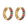 Macro shot of colorful enamel hoop earrings with gold base and vibrant geometric patterns - Colorful Style C