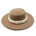 Brown wool felt boater hat with wide brim and elegant pearl bead decoration band - M (56-58cm) / Dark Khaki