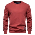Detail of brick red crewneck sweatshirt showing ribbed neckline and soft cotton texture - Orange Red