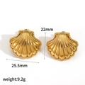 Close-up of golden shell-shaped earrings with striped texture and size dimensions - Gold Radial Texture Shell Style (TE60425-G)