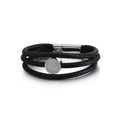 Pulsera de cuero trenzado negro multicapa con dije plateado de carácter 'Ren' hombre - Estilo de Placa de Metal Redonda Kanji Plata / Color Acero