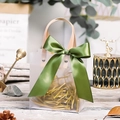 Frosted gift bag with green satin ribbon and leather handles for premium packaging - Matcha Ribbon + Raffia / Small 13.5*7*15CM