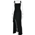 Robe de soirée noire élégante à bretelles, fente latérale et taille froncée chic - S / Noir