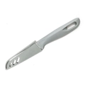 Macro detail of portable stainless steel fruit knife with matching grey handle and sheath - Gray