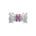 Macro view of bow charm with silver plating and micro-paved pink zircon details - VZ409 White Gold Rose Red Zircon