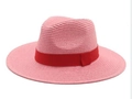 Unisex summer Panama straw hat in light pink with a stylish red decorative ribbon bow - M (56-58cm) / Dusky Pink
