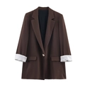 Chaqueta blazer marrón para mujer con botón único y puños doblados con rayas finas - XS / café