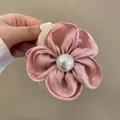 Elegant dried rose pink satin flower hair scrunchie with a large white pearl center - Pink Flower Claw Clip