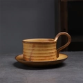 Japanese retro ceramic coffee cup and saucer set with warm yellow rust-like glaze texture - 272 Warm Brown Series (cup + Saucer - Horizontal Stripes) 250ml / Universal