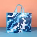 Blue camouflage thick non-woven tote bag with handle and secure button closure - Blue Ocean