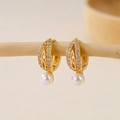 Close-up of gold-plated hoop earrings with white pearls and sparkling cubic zirconia - Exquisite Micropave Pearl Drop (EH412006)