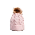 Detailed cable knit pattern on pink beanie with a dark brown faux fur pom-pom topper - M (56-58cm) / Pink