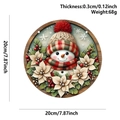 20cm Round Christmas snowman wooden hanging sign with 3D floral accents and dimensions - Wooden Winter Sign Knitted Snowman Flower