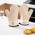 Heat resistant beige silicone oven mitts with non-slip texture and cloth cuffs - Cream Chef Hat (Silicone) 1 Pair
