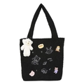 Black fleece tote bag with cartoon embroidery and teddy bear charm for women - Cartoon Embroidery/With Pendant / Black