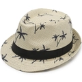 Straw fedora hat in beige with black palm tree prints and a classic black ribbon band - M (56-58cm) / Beige with Palm Tree