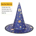Navy blue Halloween witch hat with gold stars and 34cm height specifications - Star Hat Blue