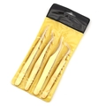Golden stainless steel lash tweezers set with 4 precision tools in a hanging retail bag - Titanium Gold 4-Piece Tweezer Set in Yellow Bag