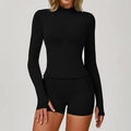 Completo sportivo nero da donna con giacca con zip e pantaloncini aderenti fitness - Taglia S / Top E Pantaloni / Nero premium