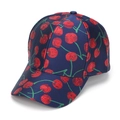 Navy blue satin baseball cap with all-over red cherry jacquard pattern and shiny finish - Navy Blue