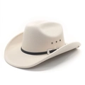 Classic cream western cowboy hat with black leather band and silver buckle on white background - M (56-58cm) / Beige
