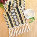 Cotton linen table runner with black and yellow geometric pattern and tassels - Boho Yellow Black Grid - Knotted Tassels / 30*50cm