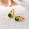Detailed view of pear-cut emerald zircon earrings with gold beaded huggie hoops - Water Drop Zirconia / Green
