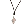 Close-up of pink crystal mushroom pendant with handmade silver wire wrapping on cord - Rose Quartz