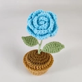 Handmade crochet potted blue rose flower ornament with green leaves and knitted pot - Sky Blue Rose Potted Plant Finished