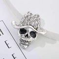 Macro detail of retro silver skull brooch with crystal cowboy hat and black enamel eyes - 12# Cowboy Hat Skull - Antique Silver