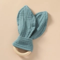 Teething ring with teal blue cotton bunny ears made of organic wood and soft gauze fabric - Light Blue