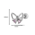 Piercing papillon en argent avec zircon rose et boule à vis, taille 0,7 cm x 0,56 cm - Papillon Zirconia Rose - Couleur Argent (3#)