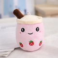 Portachiavi in peluche tè al latte alla fragola rosa con sorriso e catena in metallo - Tè al latte alla fragola / Rosa
