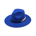 Royal blue wool felt jazz fedora hat featuring a gold feather metal accessory and black ribbon - M (56-58cm) / Sapphire Blue