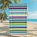 Microfiber beach towel featuring vibrant multicolor horizontal stripes hanging on a beach - 80*160cm / Purple Green Stripe