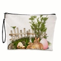 Borsa trucco pasquale in lino bianco con conigli e uova colorate stile graffiti - Sfondo Bianco Recinzione e Due Conigli