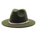 Dark green wide-brim wool fedora hat with a cream leather strap and gold buckle - Army Green