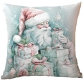 Mint green Christmas pillow cover featuring Santa Claus illustration and gift boxes - Smiling Santa with Eyes Closed